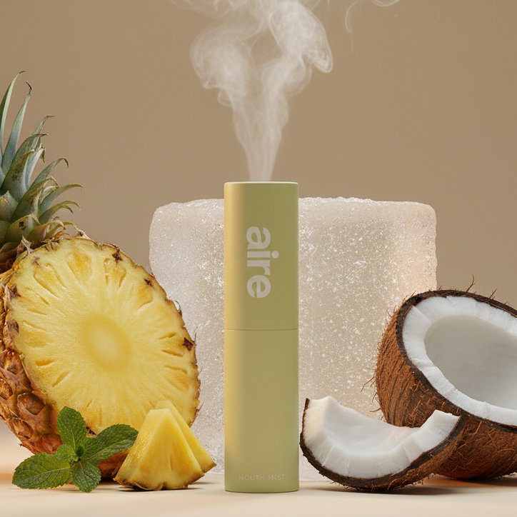Pineapple, coconut, and a cylindrical product (mouth mist) with 'aire' branding on a beige background